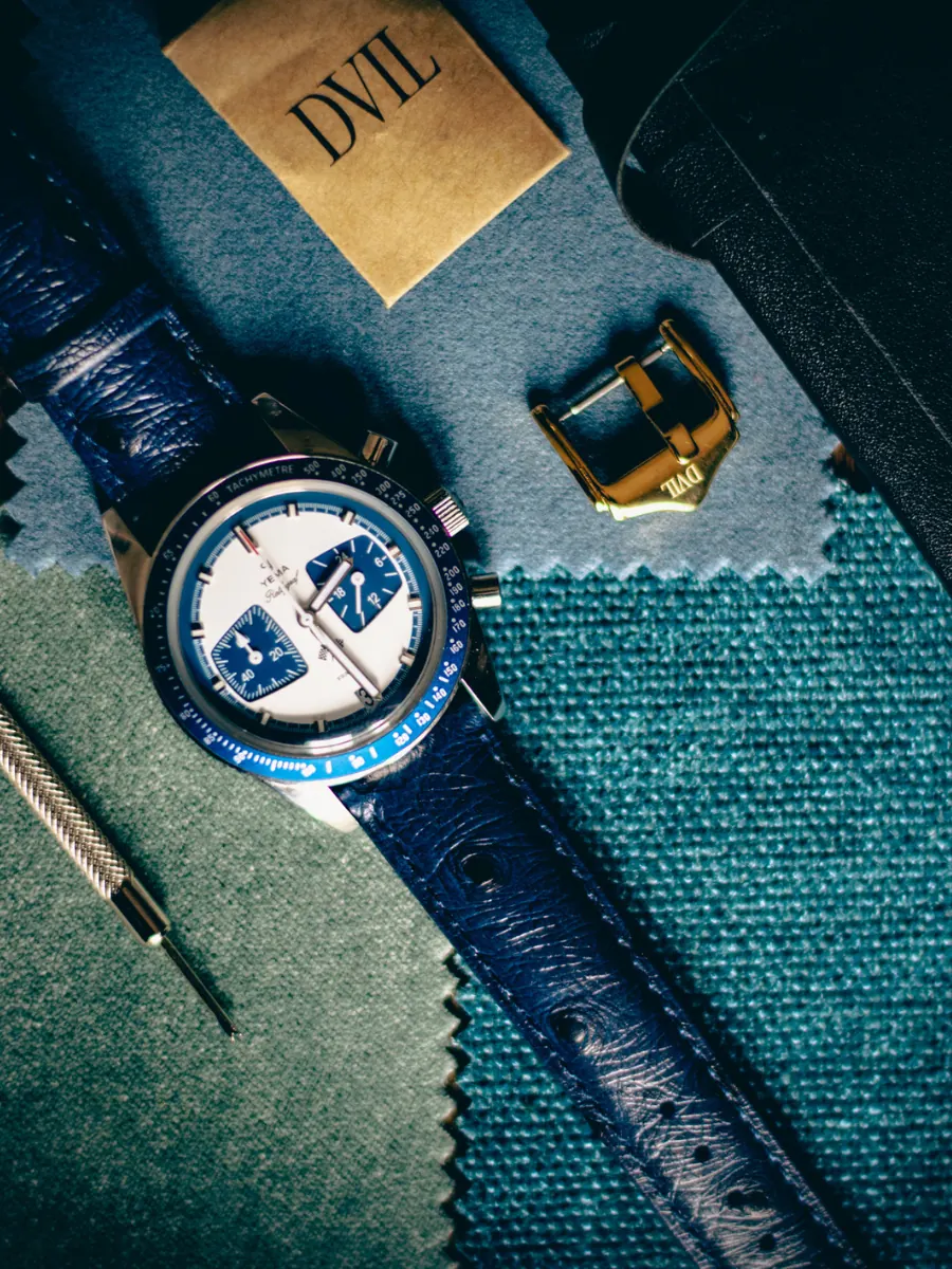 Blue leather watch strap on a chronograph Blue leather DVIL watch strap fitted to a chronograph wristwatch